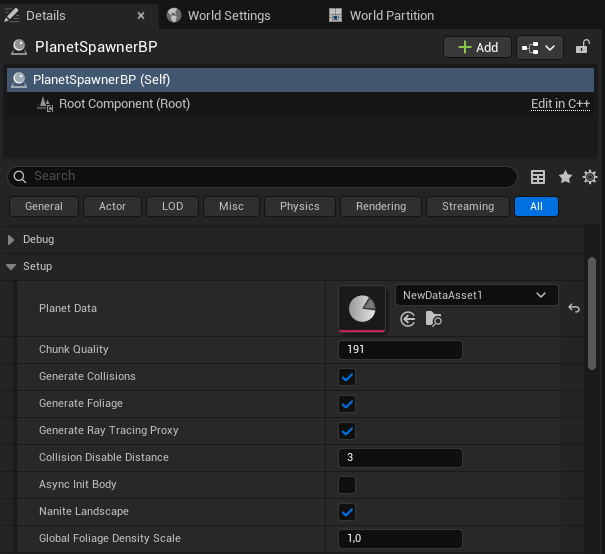 Planet Data assigned on the placed spawner Blueprint