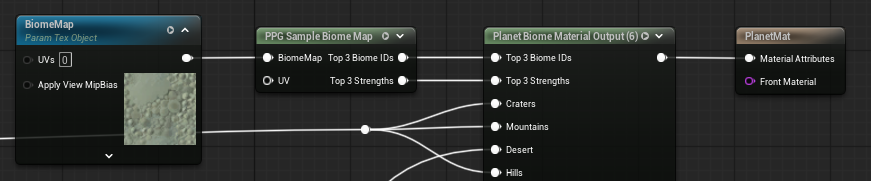 Surface material using BiomeMap, Planet Biome Map Sample, and Planet Biome Material Output